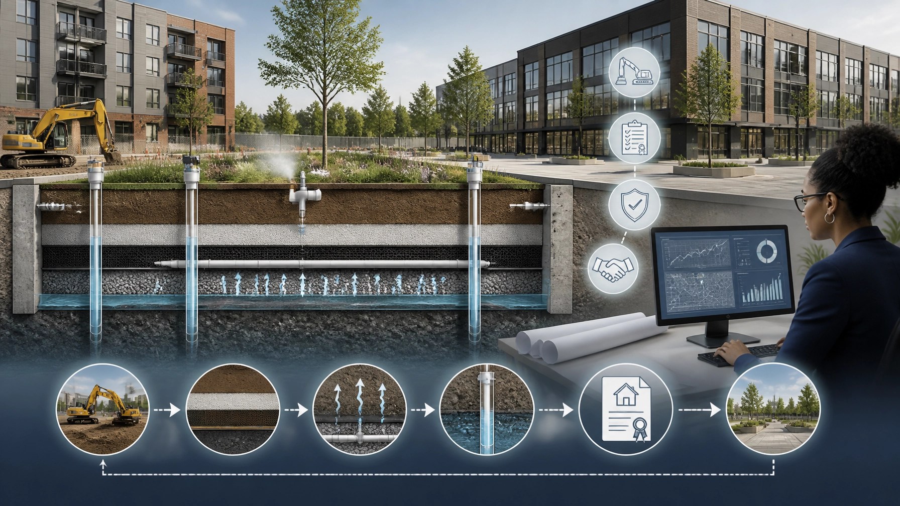 Technical cutaway showing soil caps, vapor barriers, monitoring wells, institutional controls, and remedial action oversight