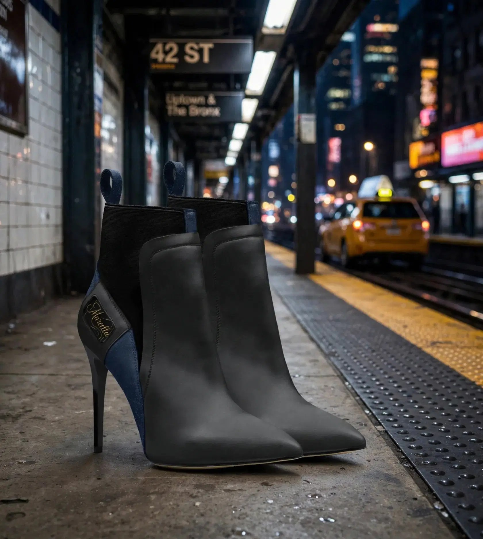 Marcella stiletto boots standing on an atmospheric New York City subway platform