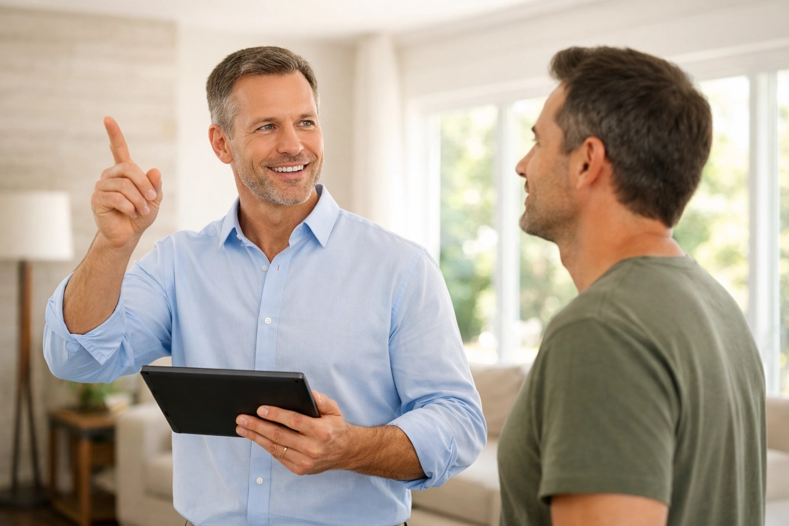 Real estate agent pointing out home structural details to a homeowner to explain property damage insurance claims.