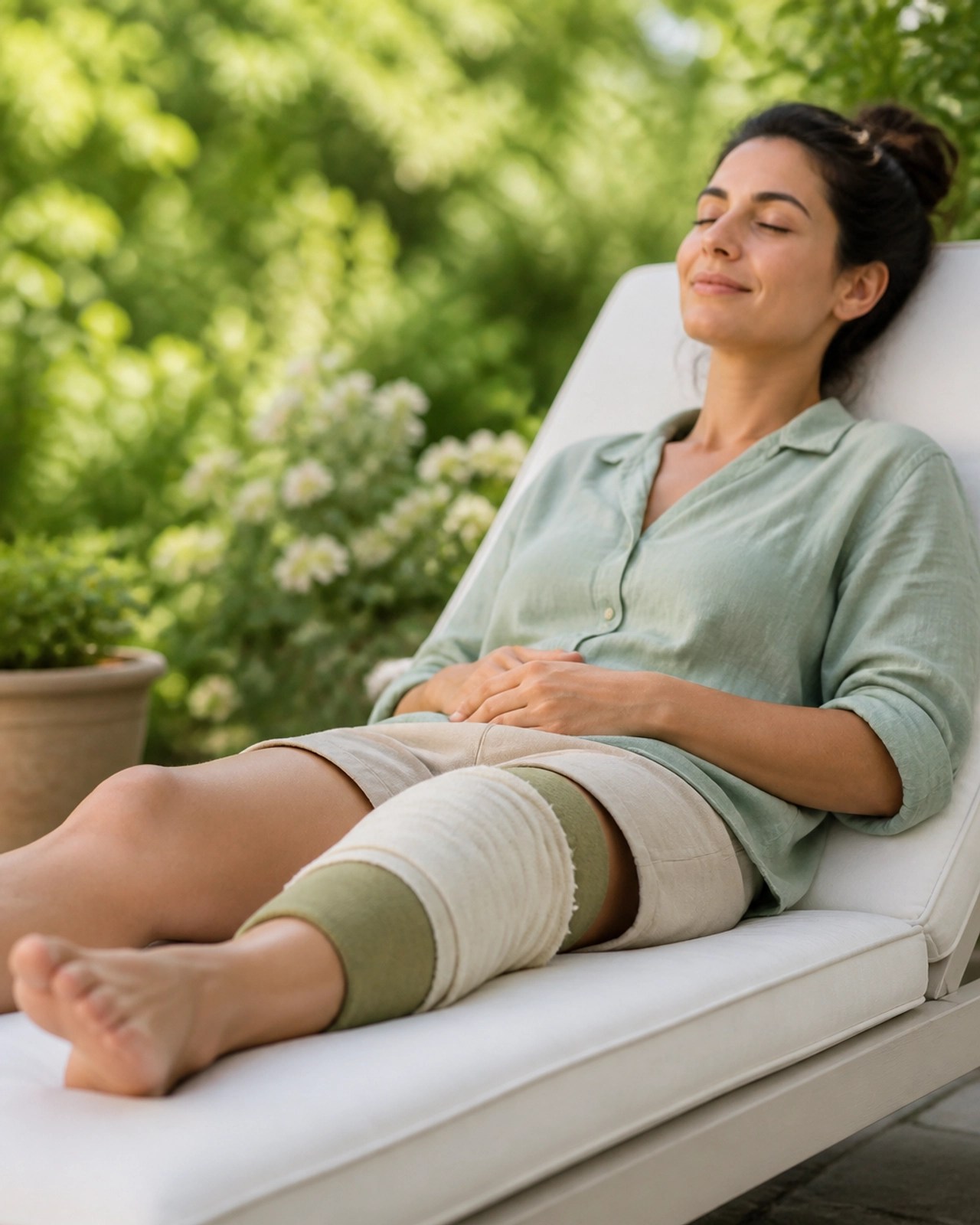 An athlete resting with a clay wrap on their leg