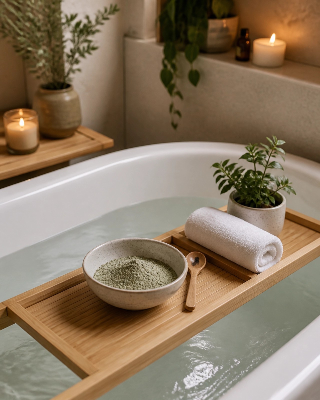 A relaxing setup for a detox bath with green clay powder and a wooden spoon