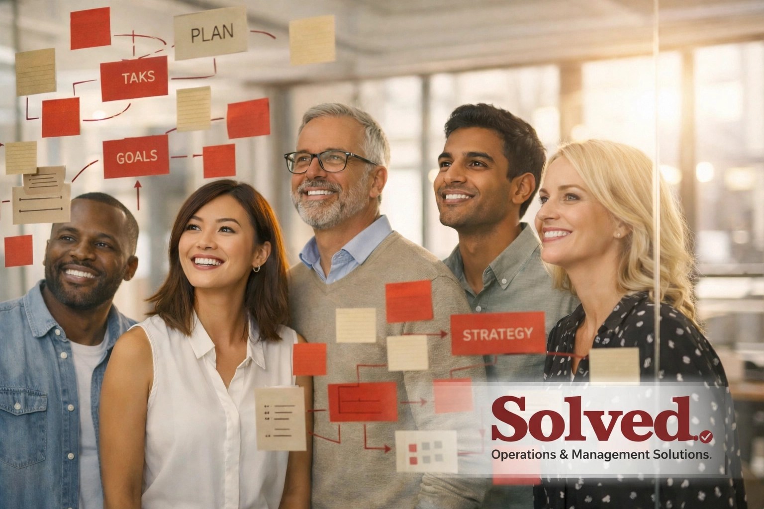 Diverse team of professionals collaborating on a strategic leadership framework in a modern workspace.