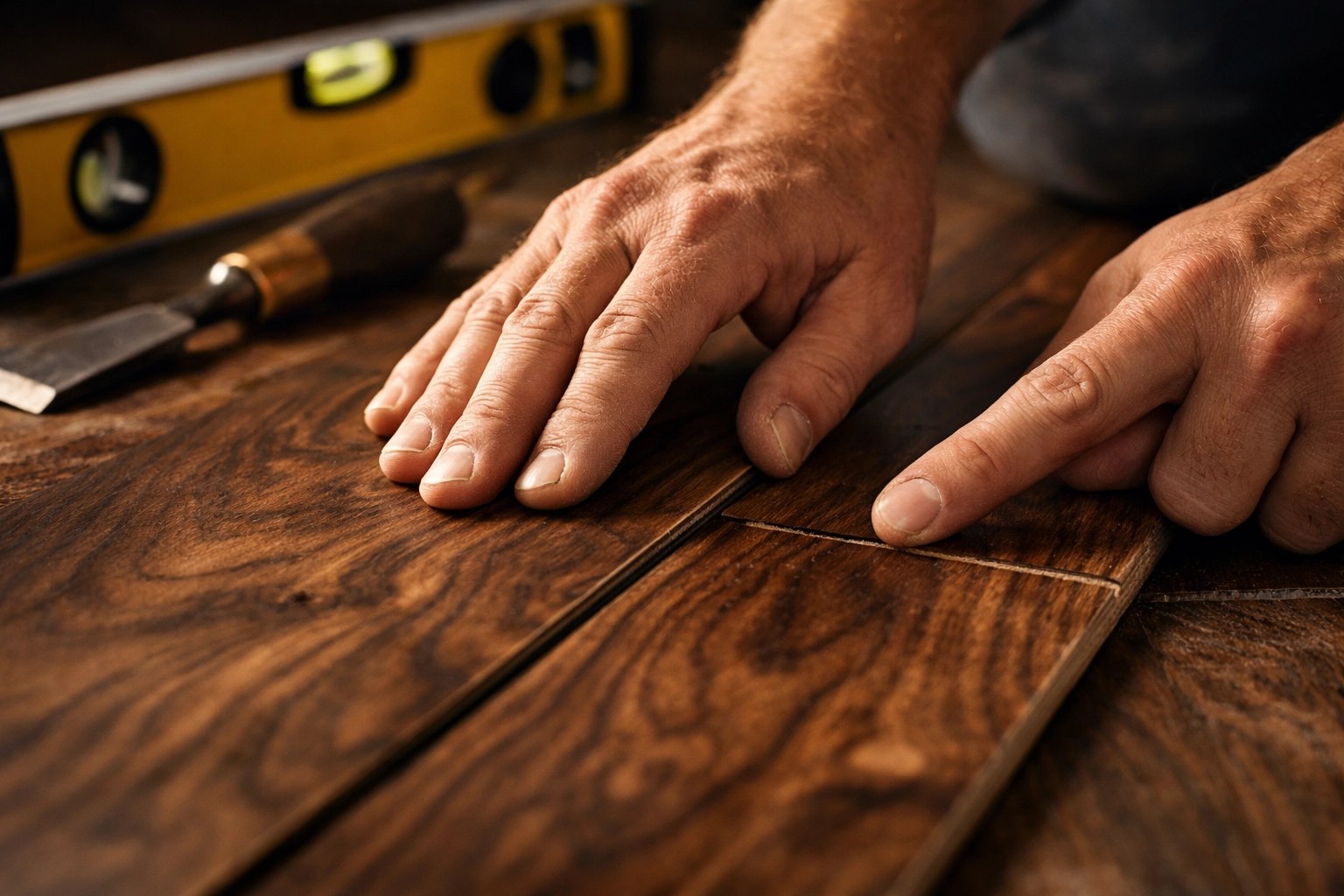 Pose méticuleuse d'un plancher de bois franc lors de travaux de rénovation à Trois-Rivières.