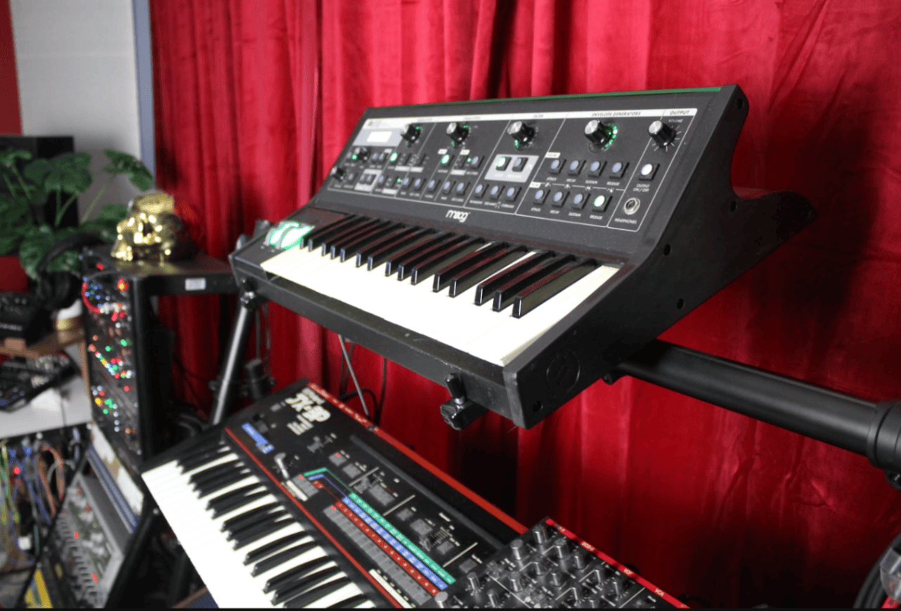 Close-up of a Moog synthesizer and keyboard setup in Studio B