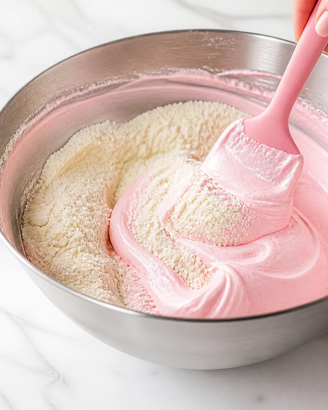 Close-up van het macaronage proces met meringue en amandelmeel