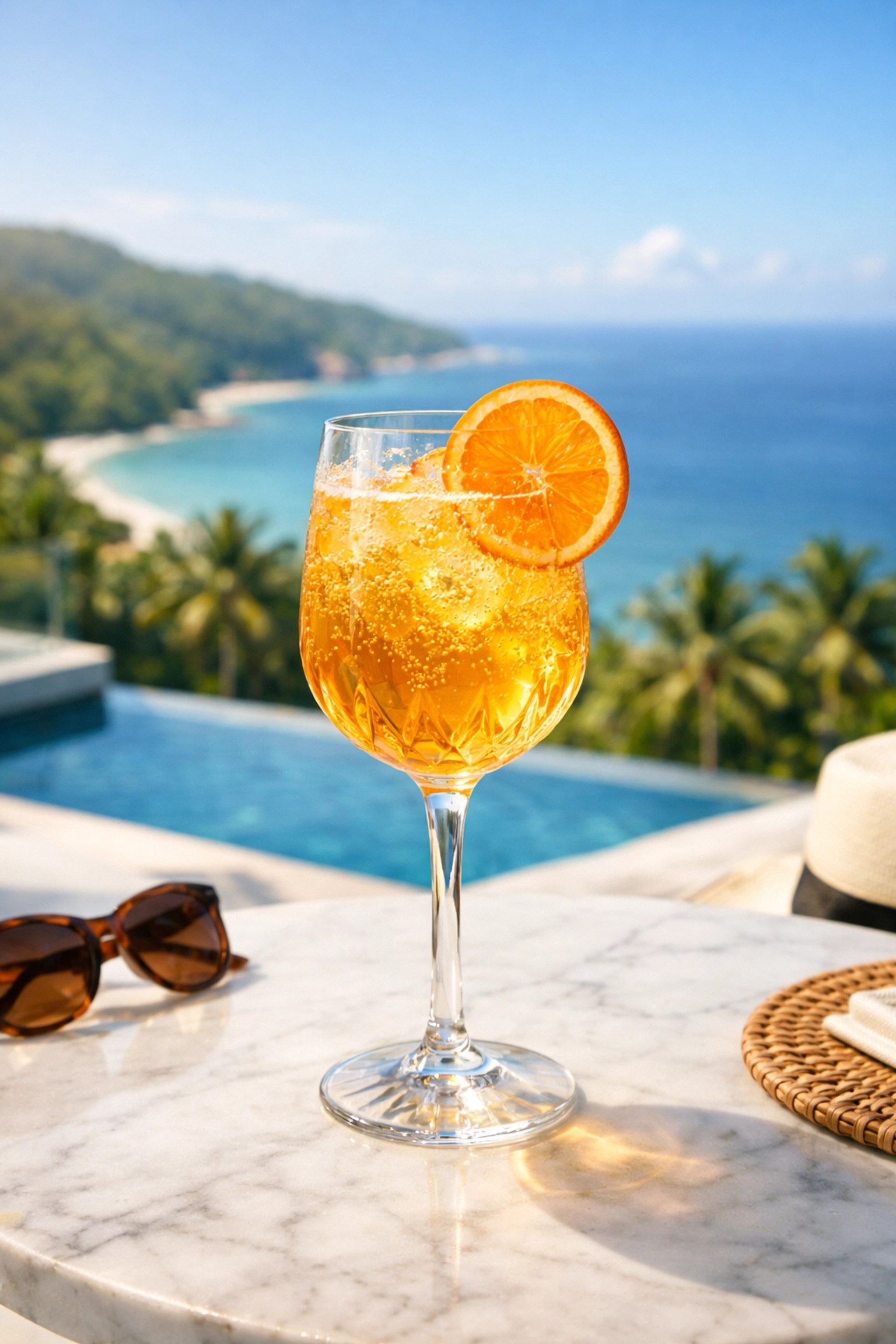 Golden Passion Fruit Spritz on a luxury villa terrace with a panoramic tropical ocean view.