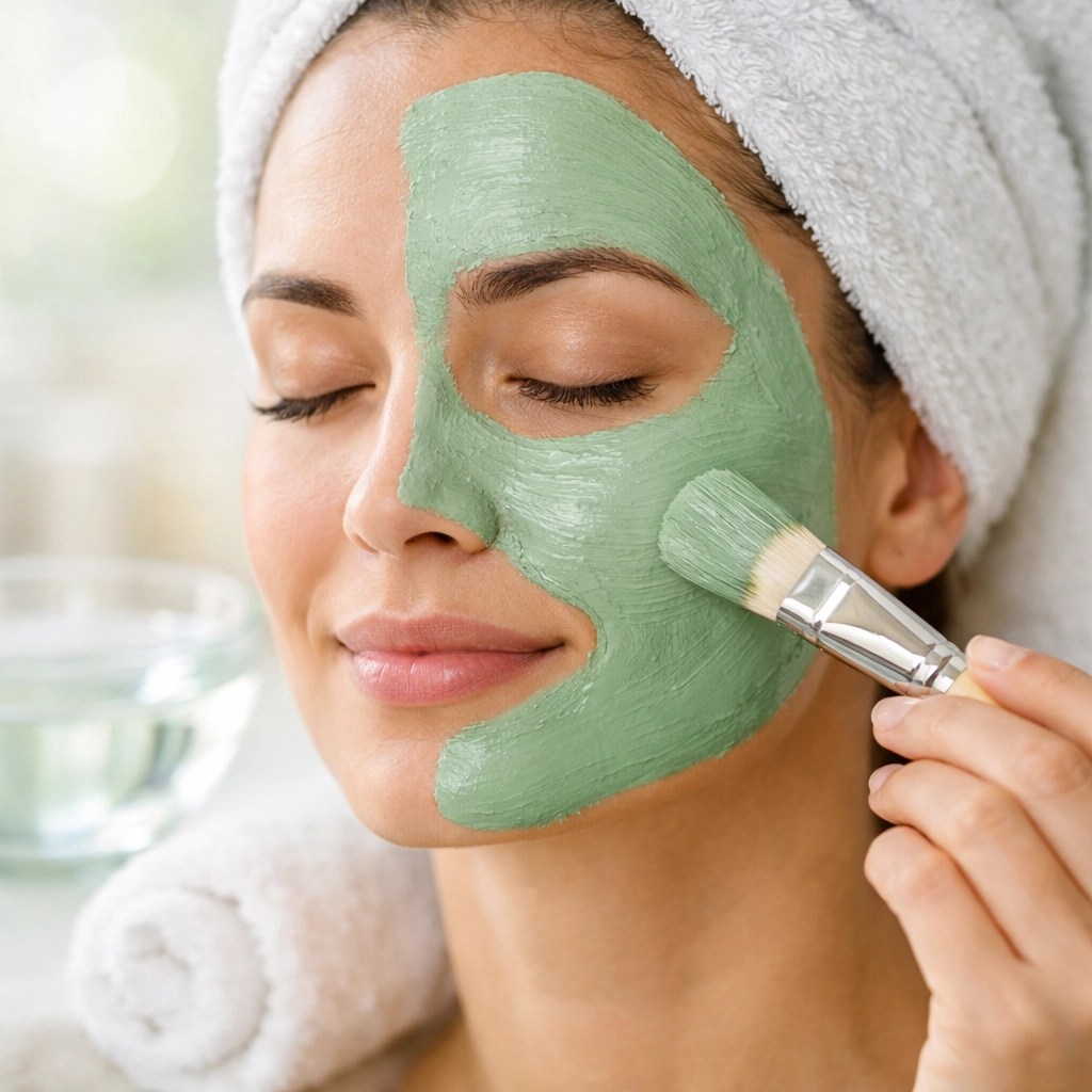 Applying a smooth green clay mask to sensitive skin to calm redness and promote gentle healing.