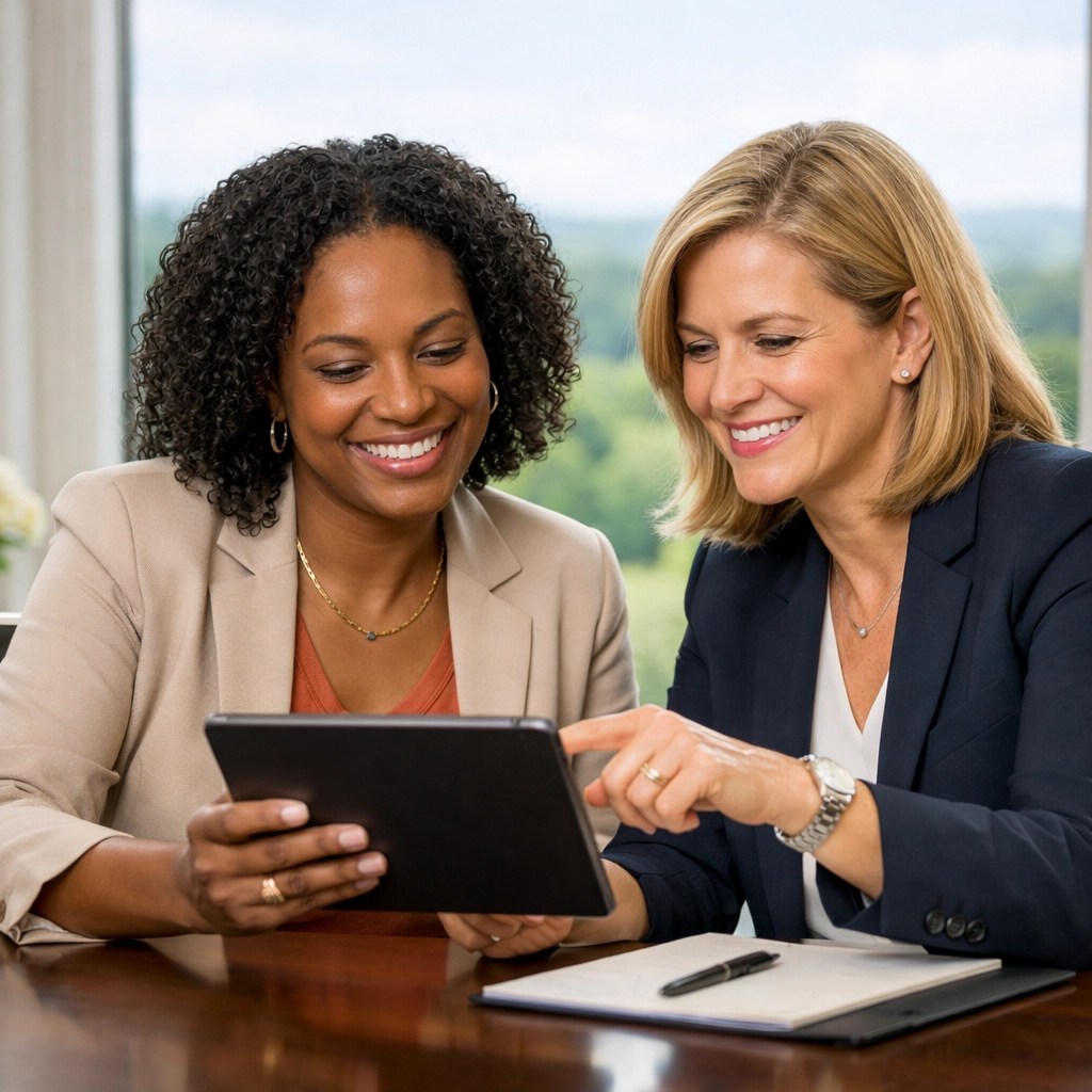 Professional insurance advisor and business owner discussing coverage in a bright Georgia office.