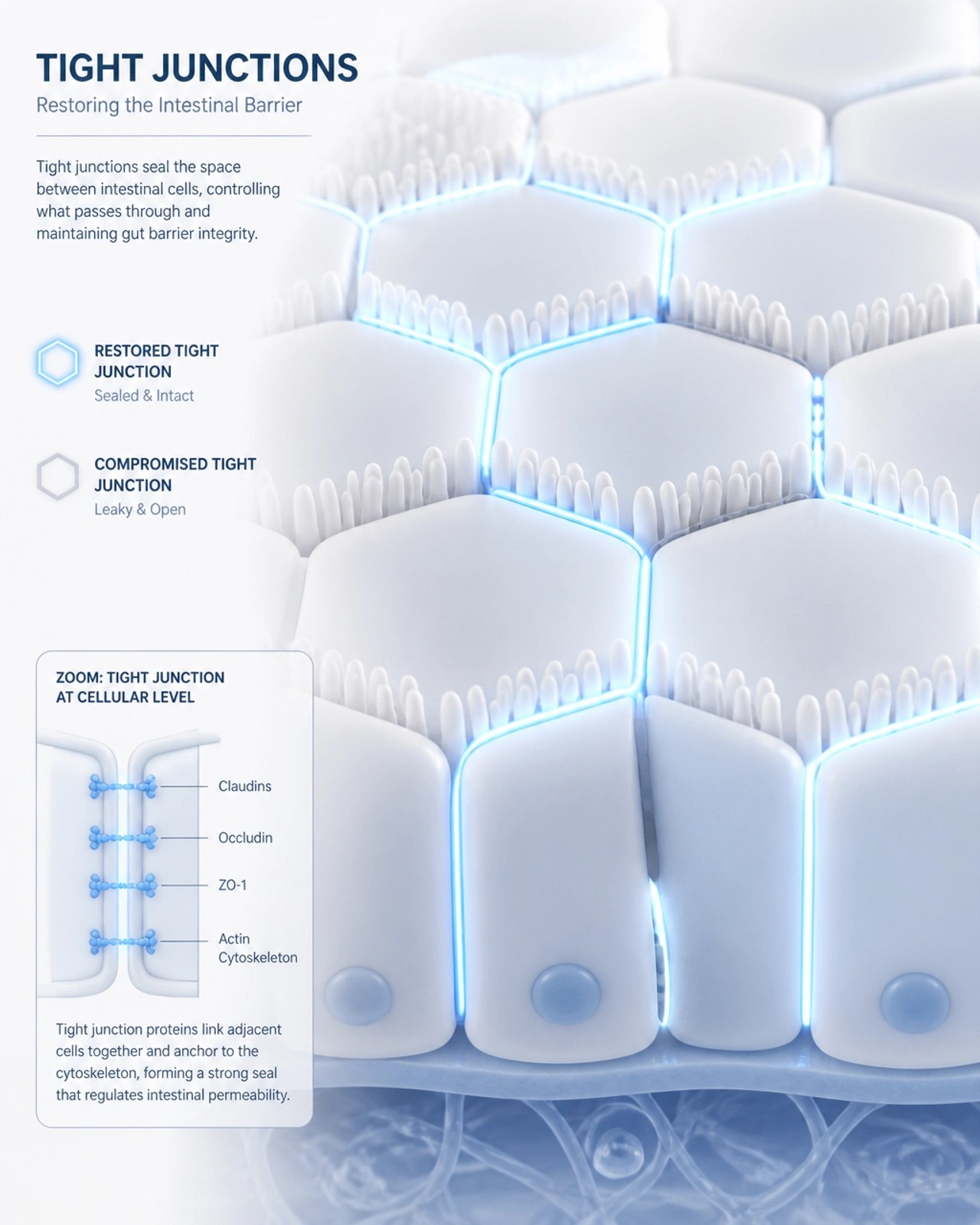 Abstract illustration of intestinal tight junctions being sealed
