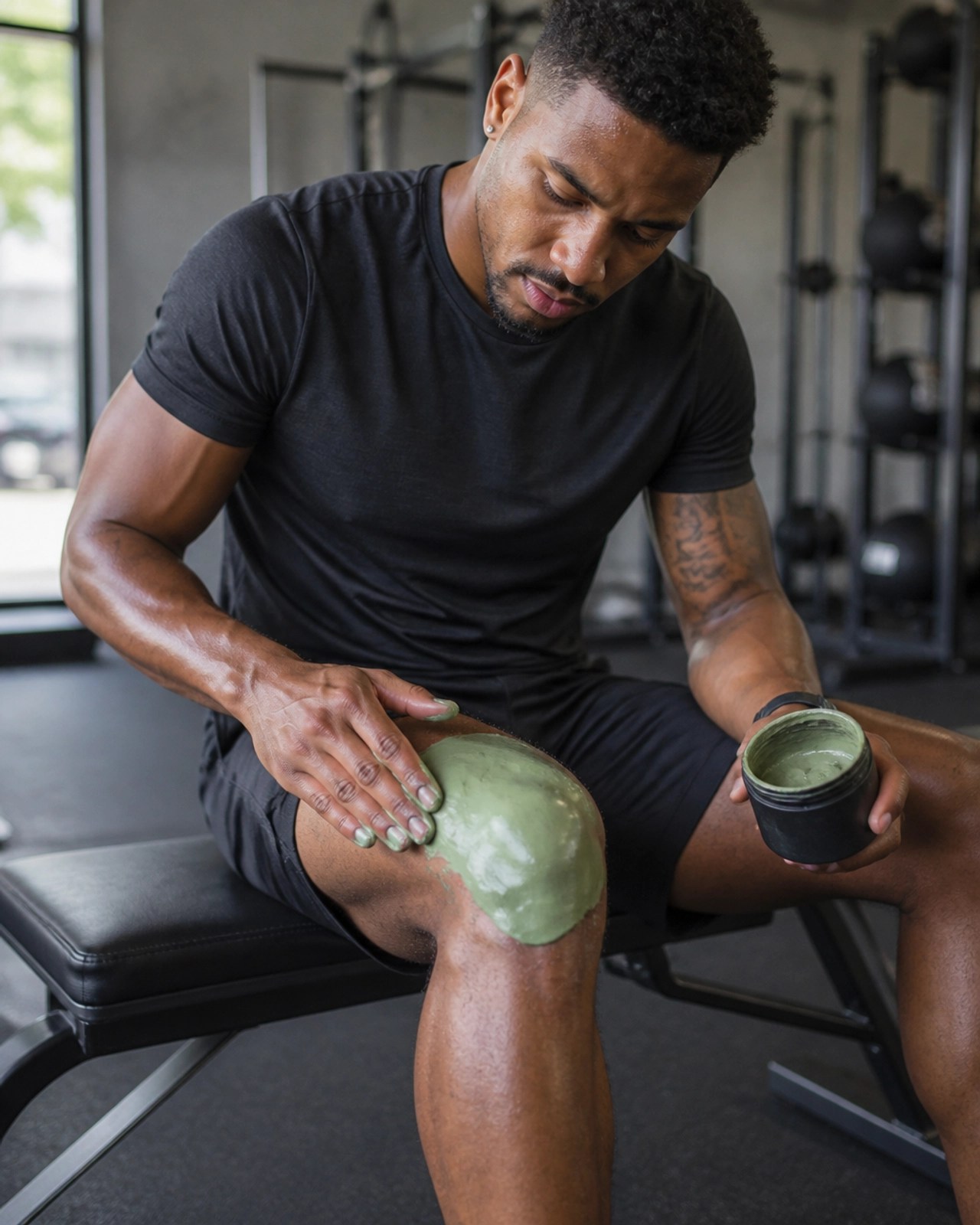 A professional athlete applying green clay paste to a sore knee for recovery and inflammation relief.