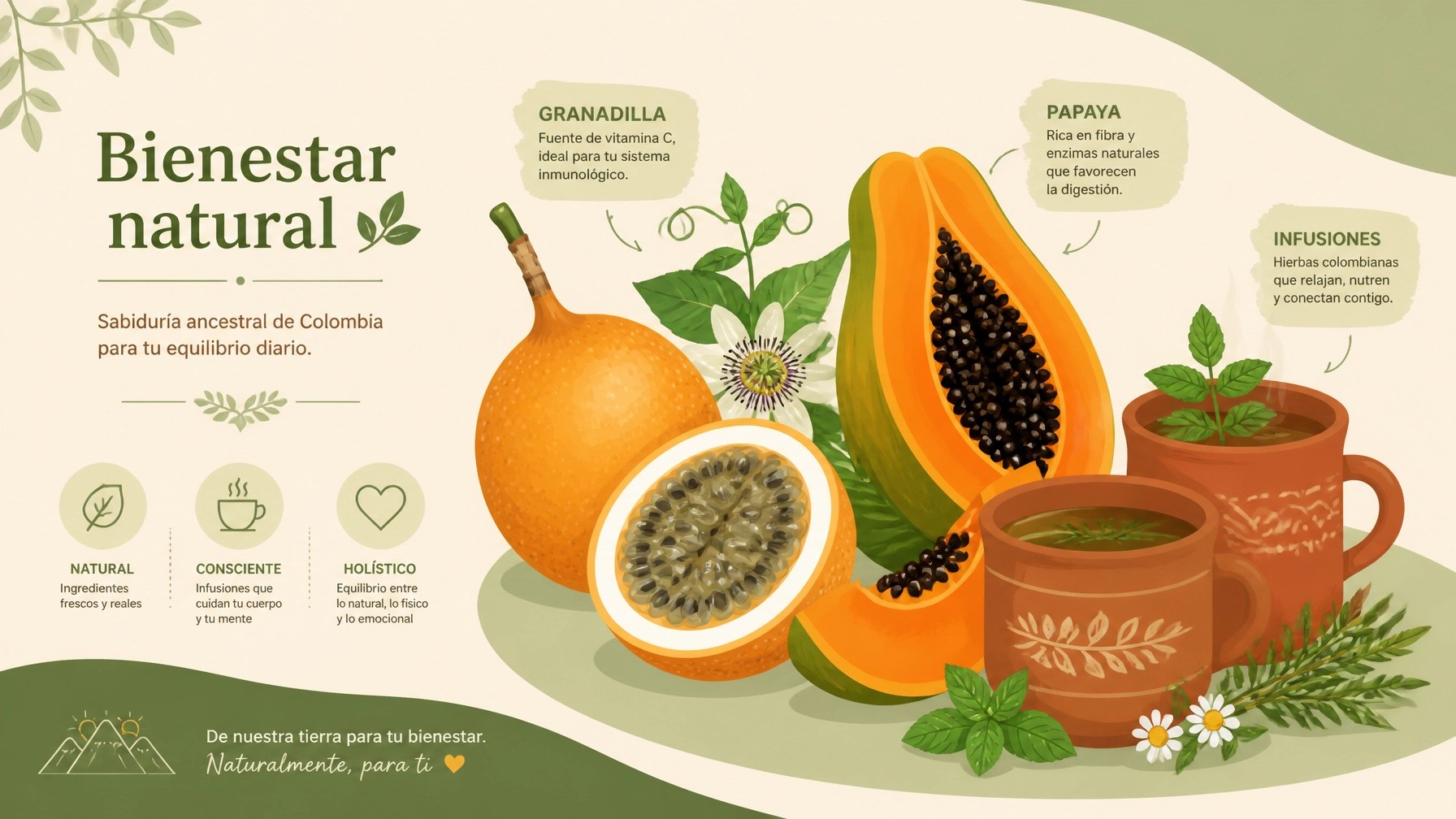 Ilustración de frutas tropicales colombianas e infusiones ayurvédicas