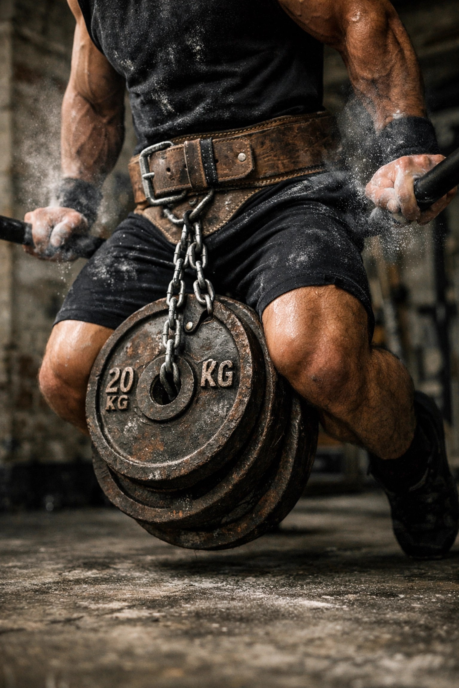 Heavy iron plates hanging from a dip belt during a weighted dip exercise, the upper body squat.