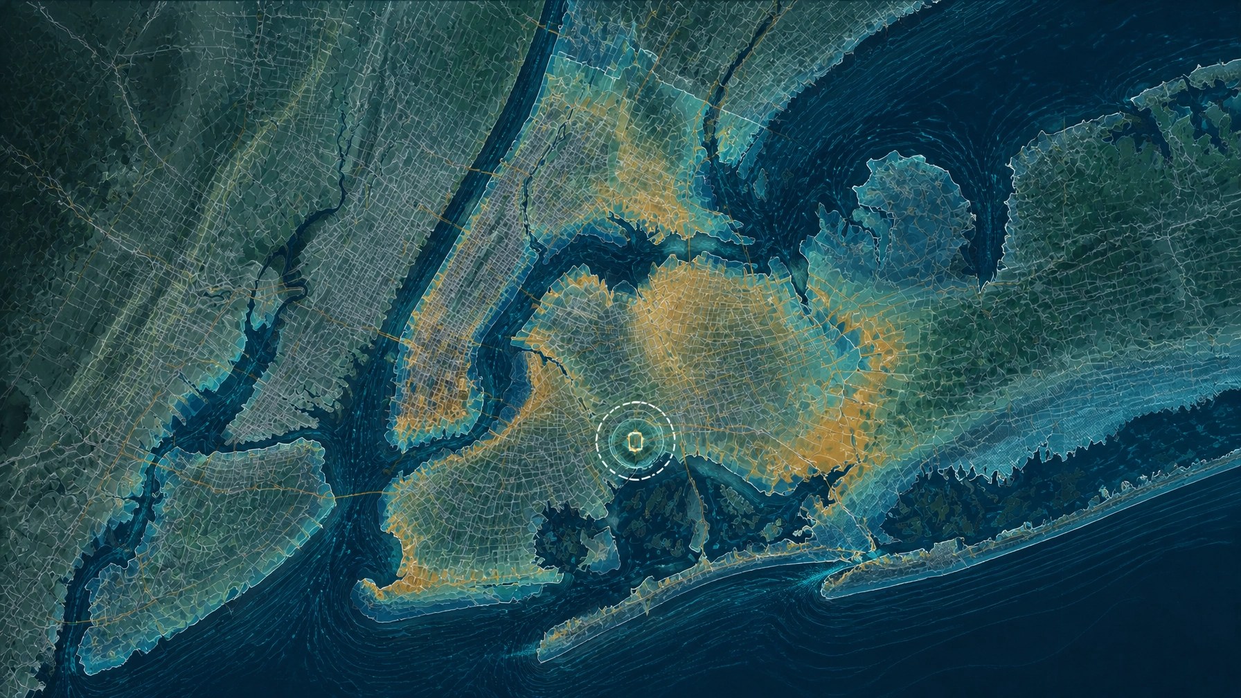 Coastal New York GIS visualization showing flood exposure, sea-level-rise screening, stormwater pathways, and a highlighted redevelopment site