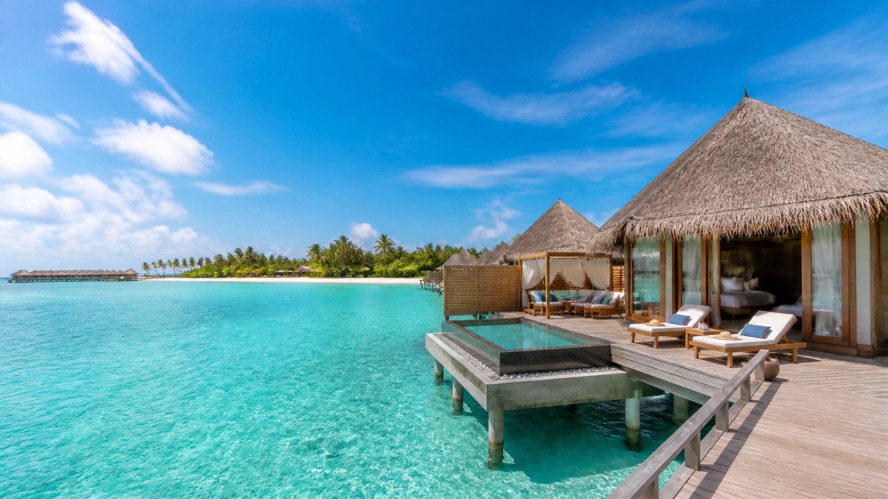 Pristine turquoise lagoon in the Maldives under bright sunny daytime skies