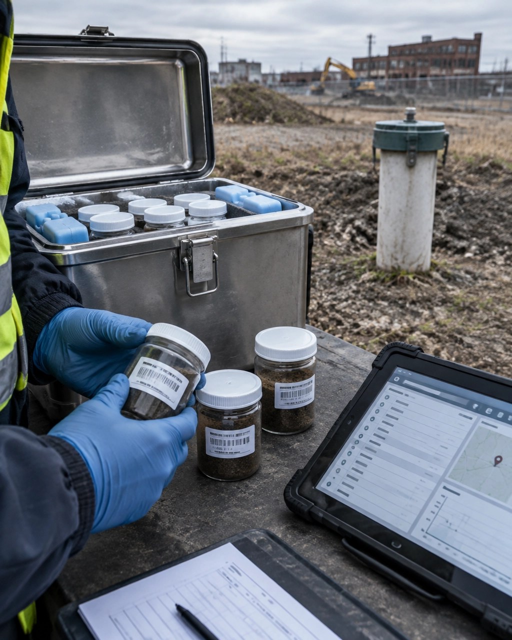 Field documentation for soil sampling, groundwater monitoring, and brownfield remediation cost tracking