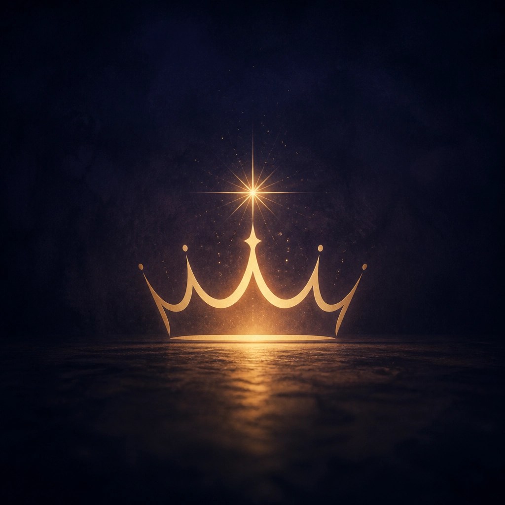 A glowing gold crown-like spark centred against a moody deep indigo background