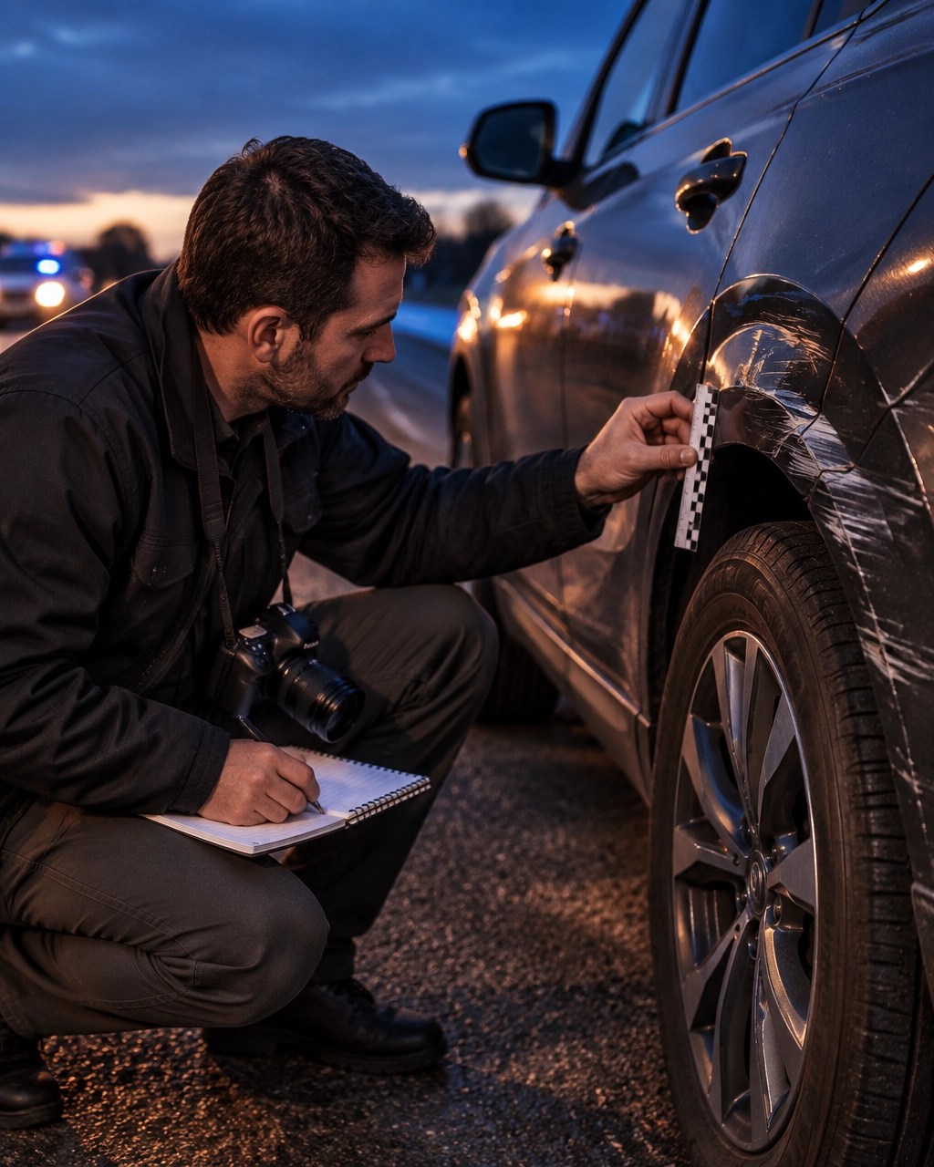Professional investigator documenting damage at a roadside crash scene during blue hour