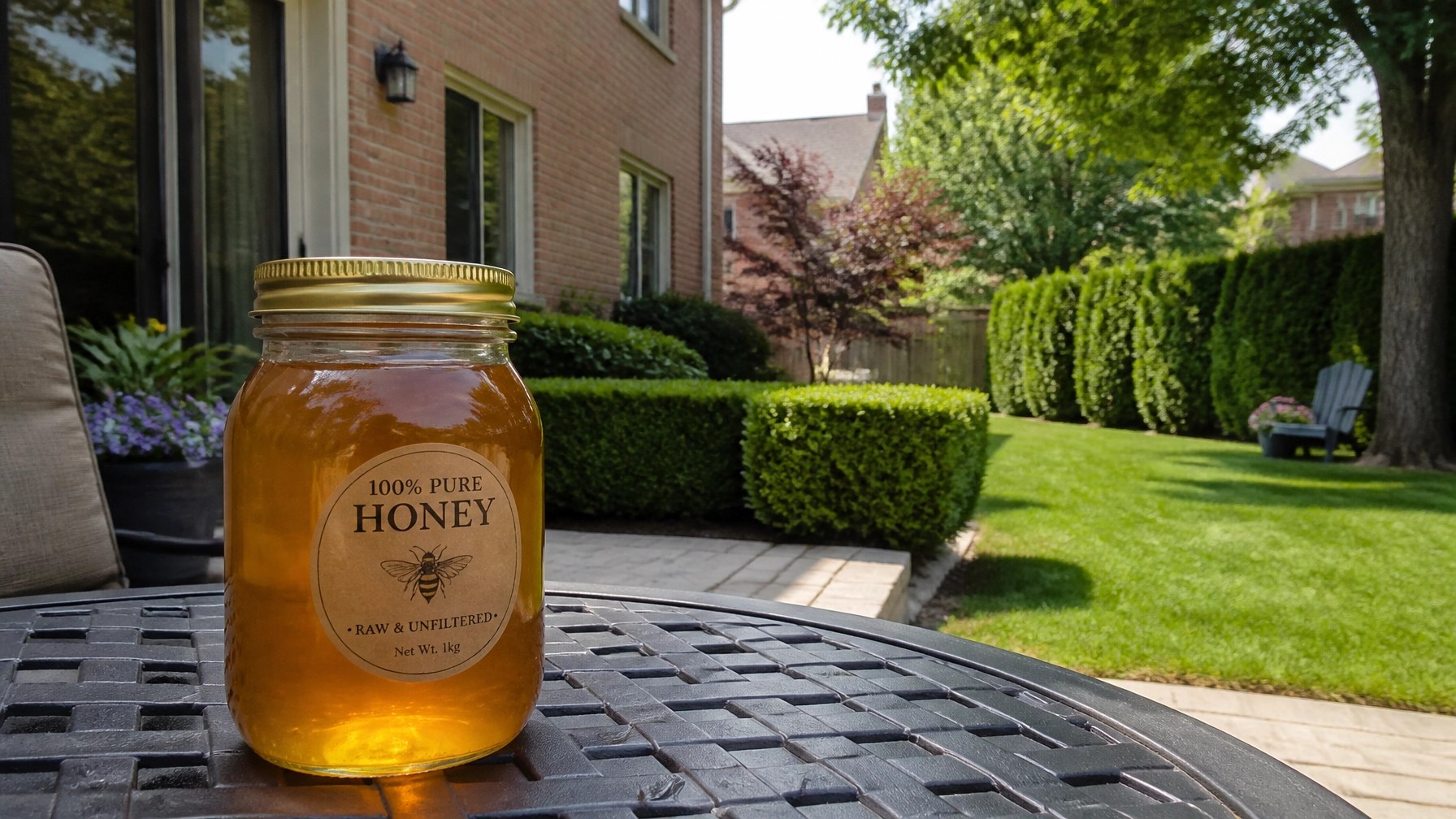 Jar of golden honey on patio table in suburban Oakville backyard