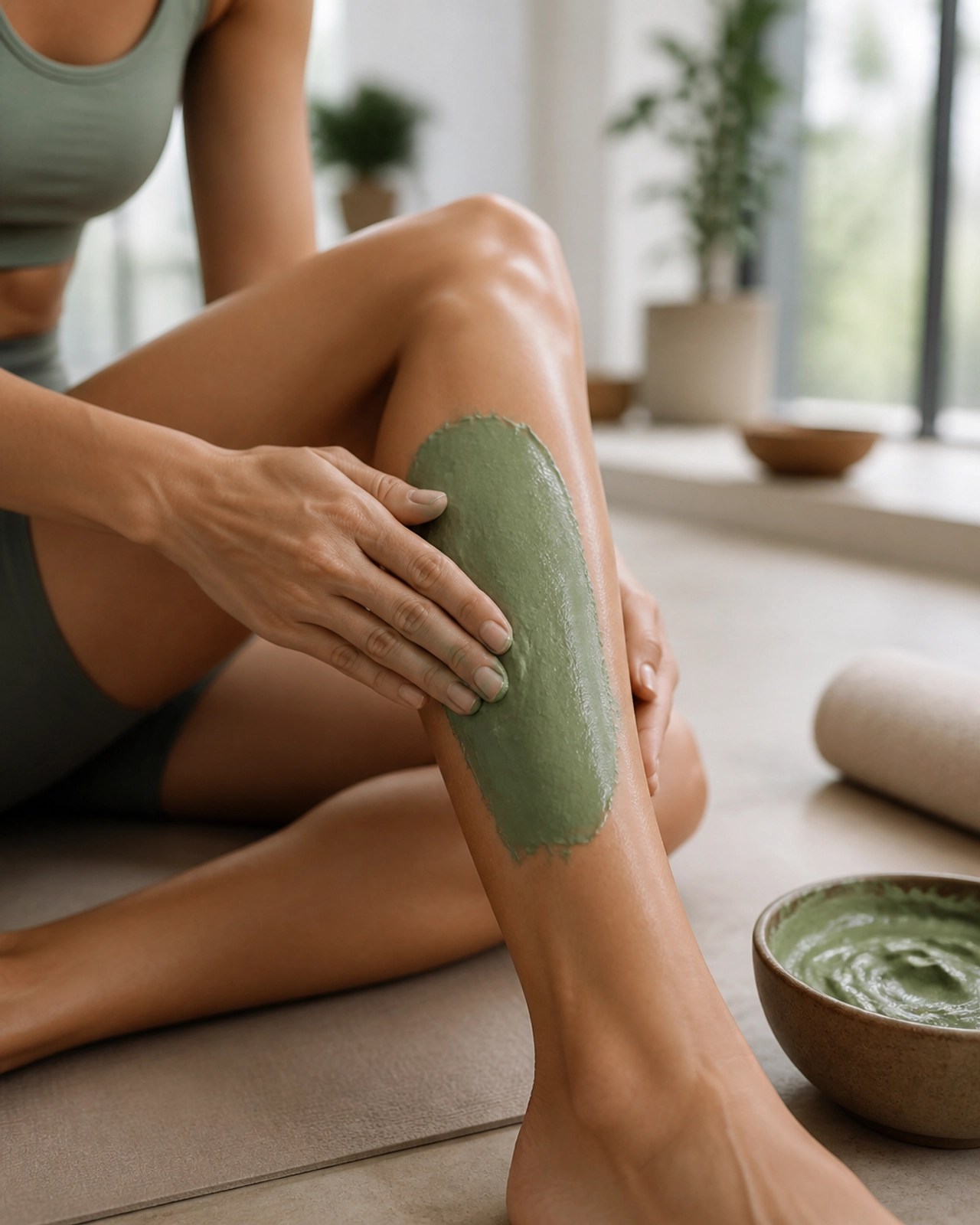 A person applying smooth green clay to their calf muscles