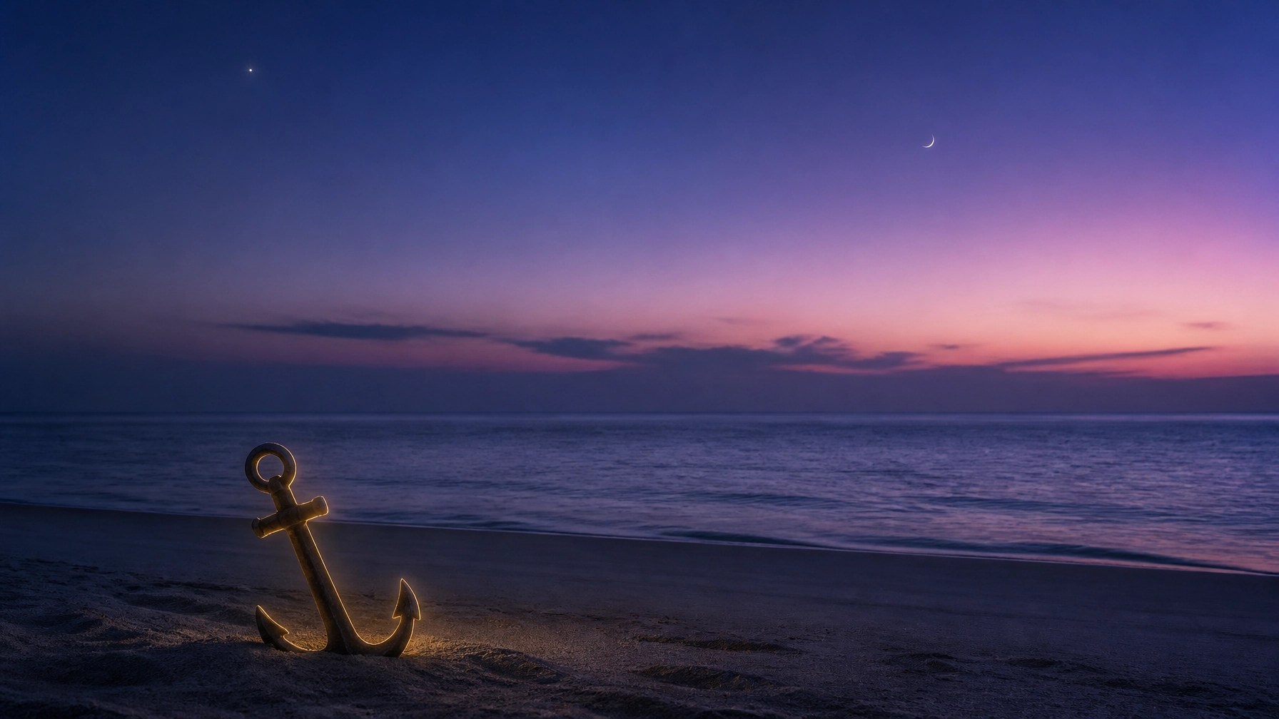 A wide, peaceful oceanic horizon at dusk with a subtle silhouette of an anchor in the foreground, representing spiritual grounding.