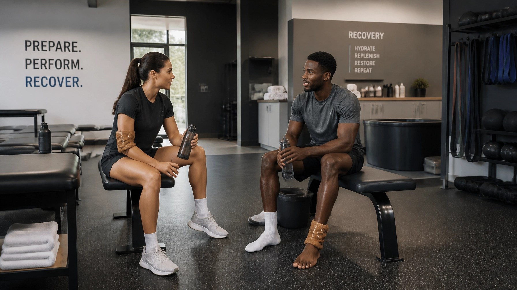 Athletes in a recovery room using clay