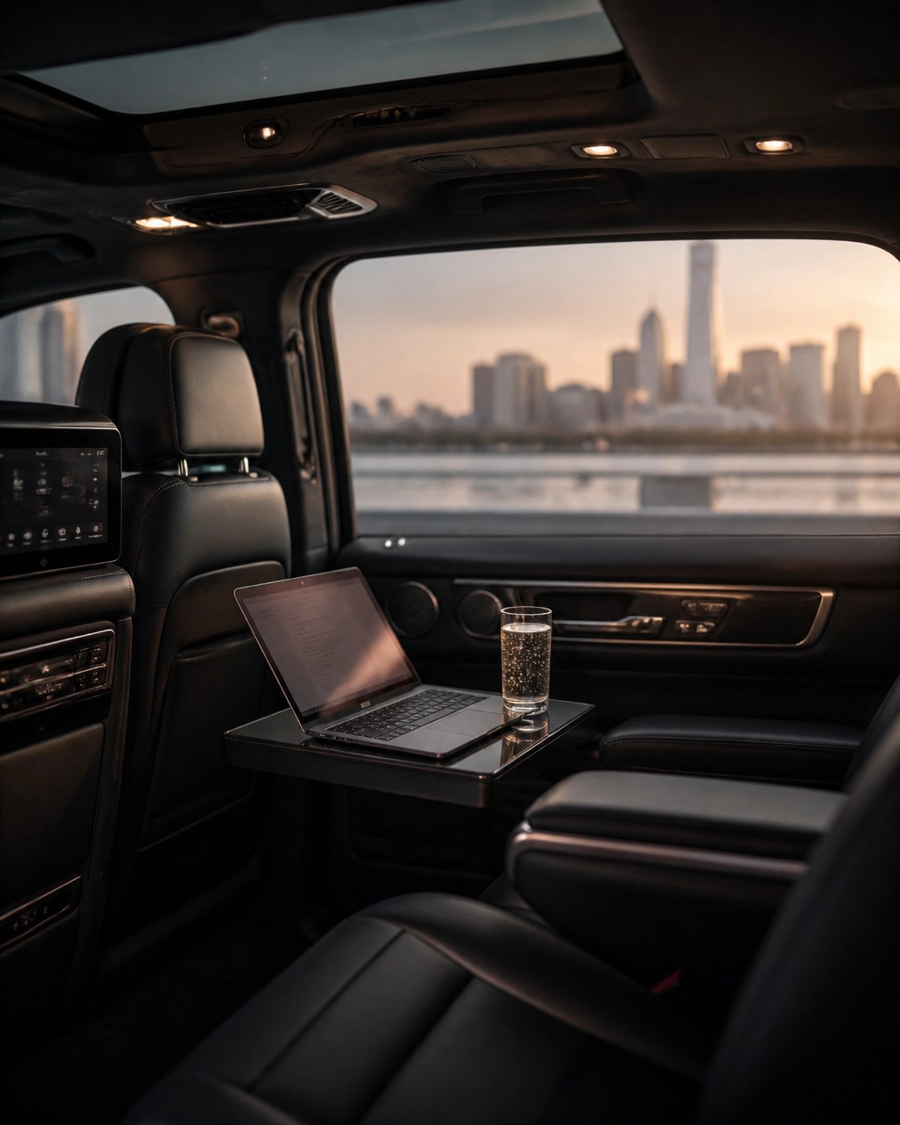 The interior of a luxury SUV configured as a mobile office, featuring leather seats and a laptop, emphasizing the return on investment in comfort and productivity.