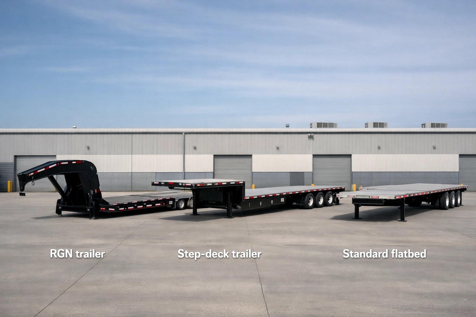 Three trailer types for open deck freight: RGN, step-deck, and flatbed trailers
