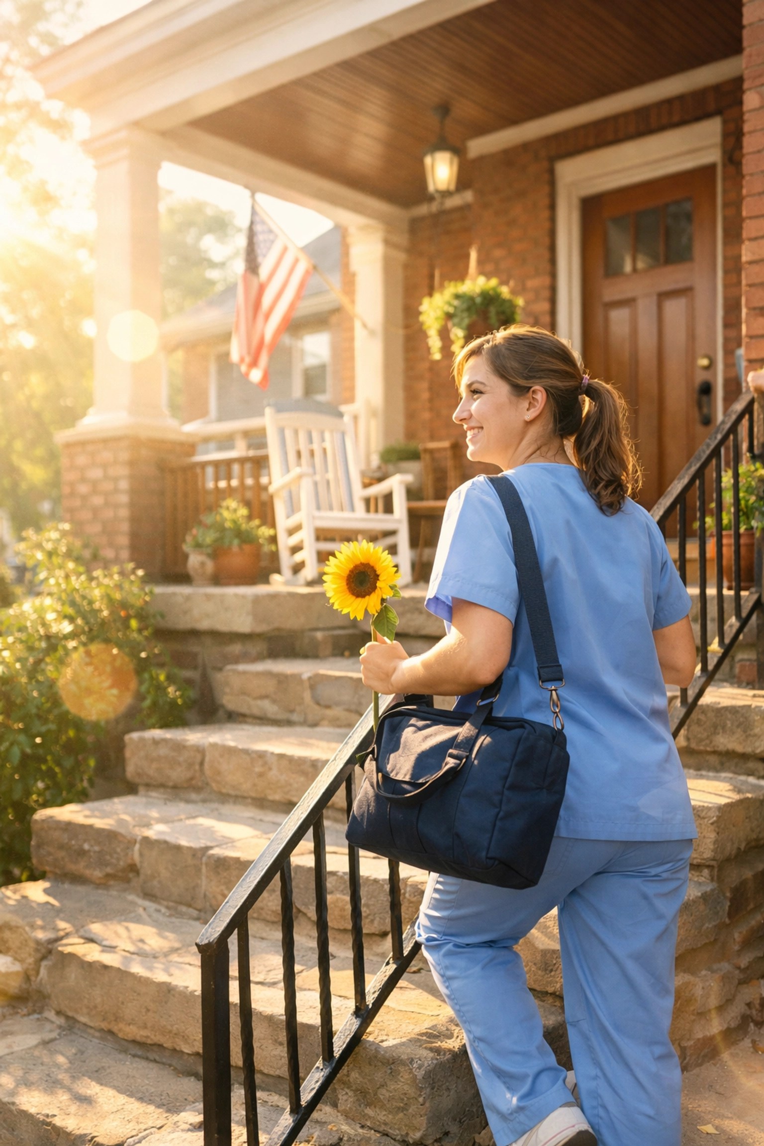 A friendly caregiver arriving at a local home to provide personalized pittsburgh home health care.