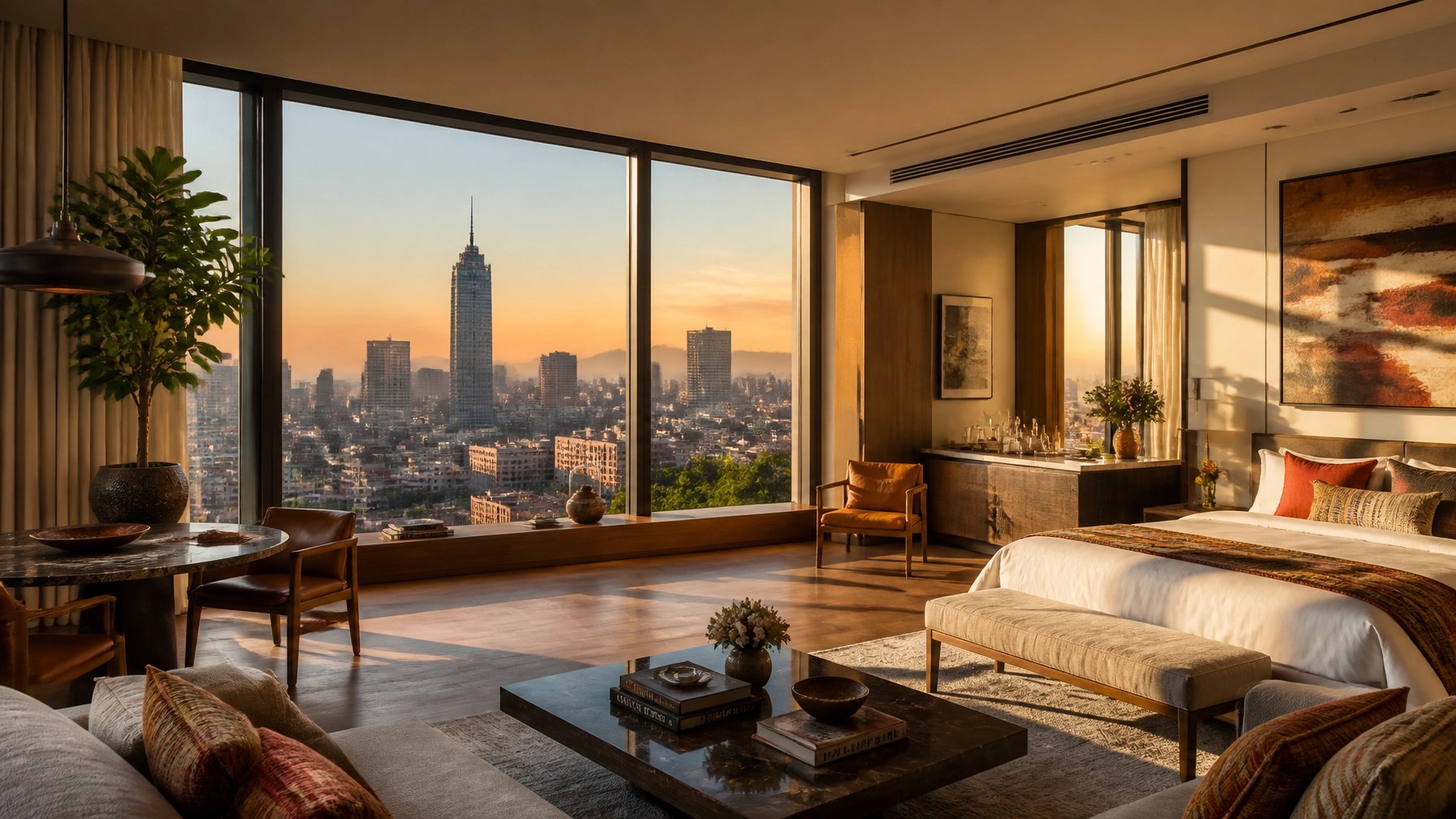 Luxury hotel suite interior in Mexico City with a view of the skyline