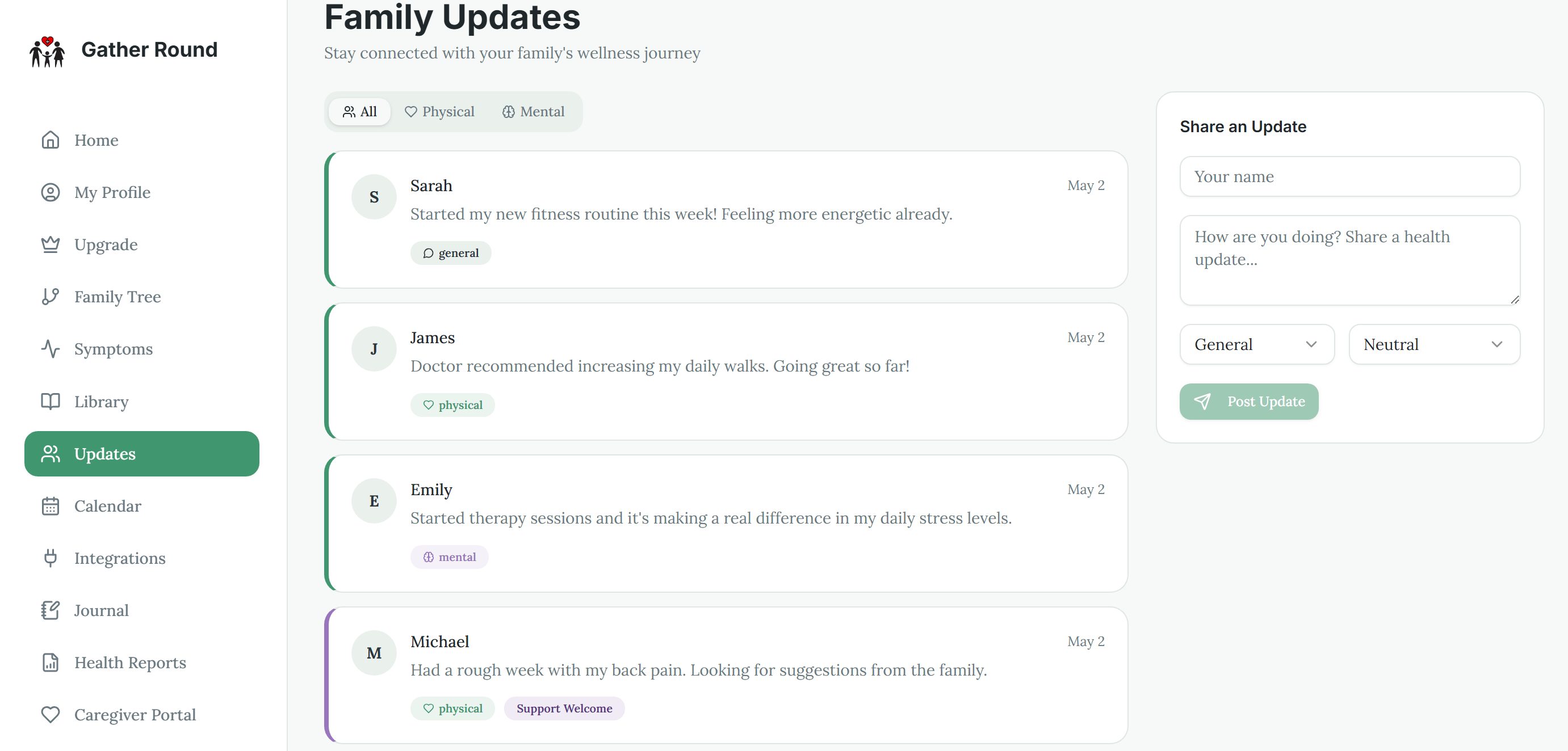 Gather Round Family Updates dashboard