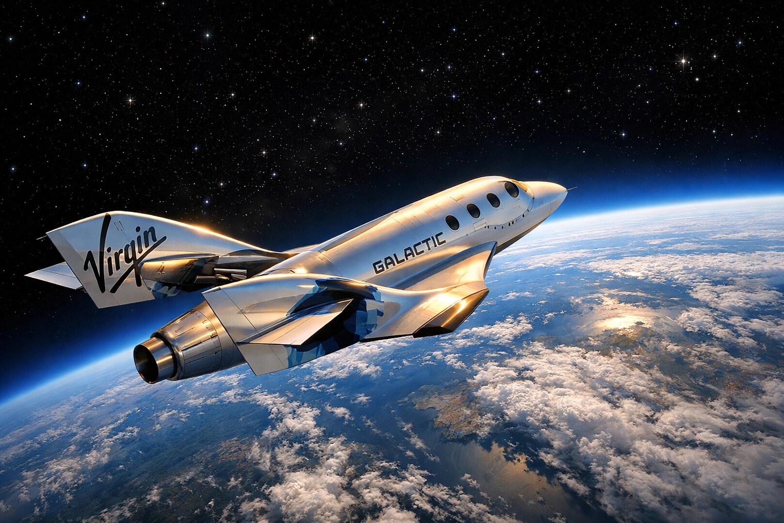 Luxury space tourism spaceplane soaring above Earth with blue atmospheric glow and stars in background