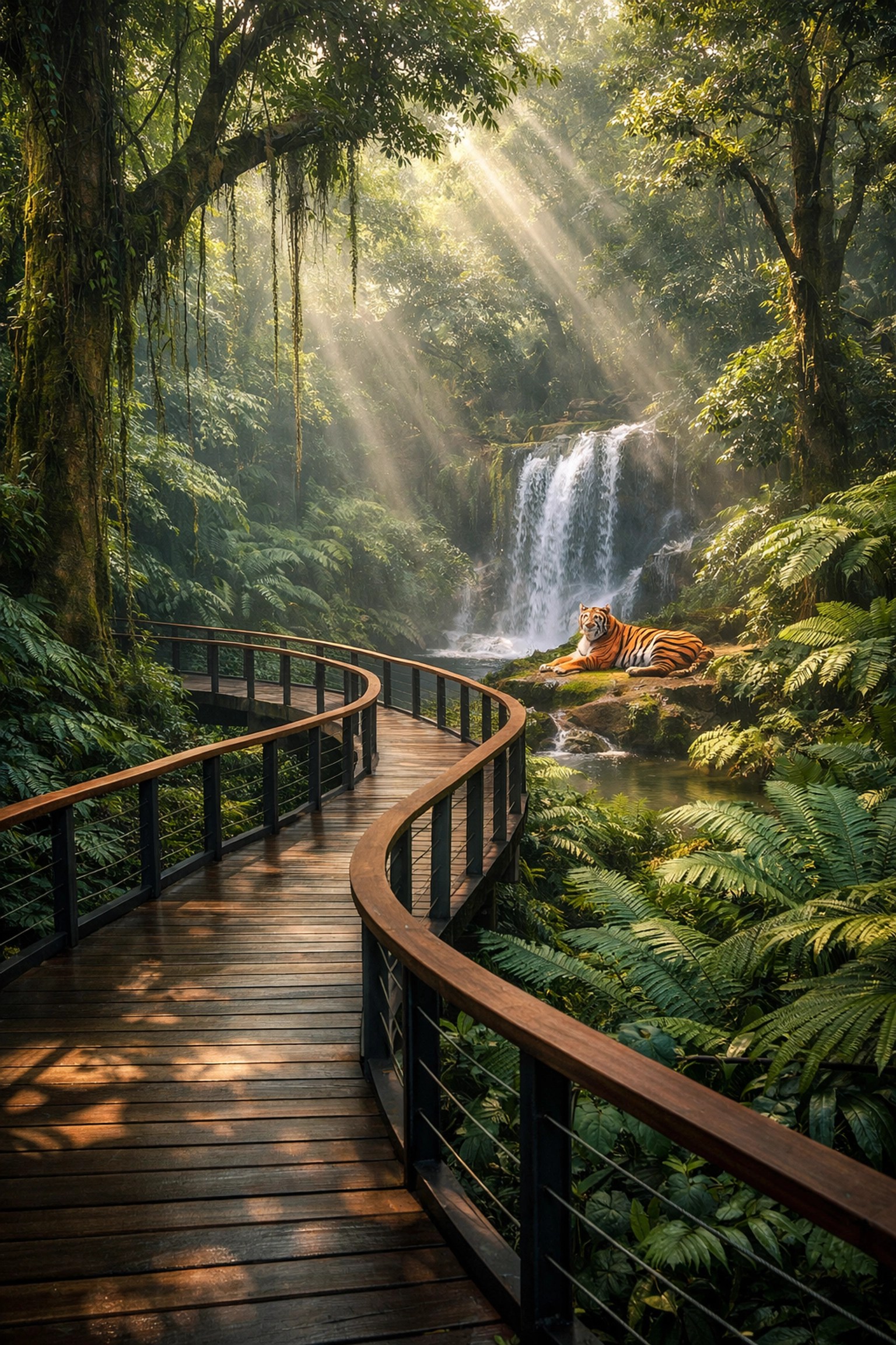 Lush tropical rainforest at Rainforest Wild Asia in Singapore featuring a Malayan tiger and boardwalk.