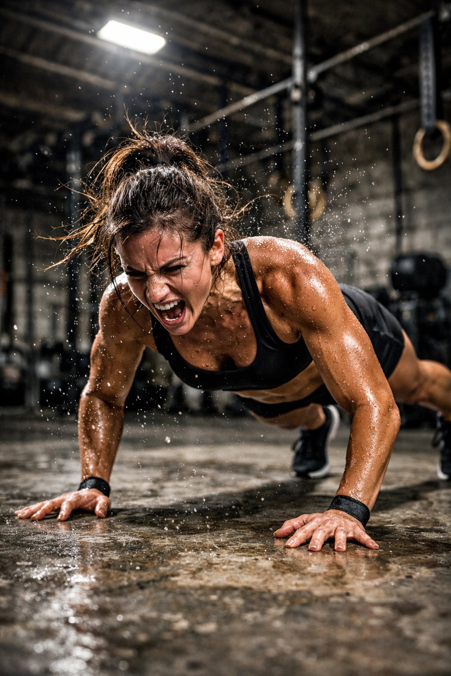 Female athlete performing HIIT burpees with visible sweat during high-intensity training