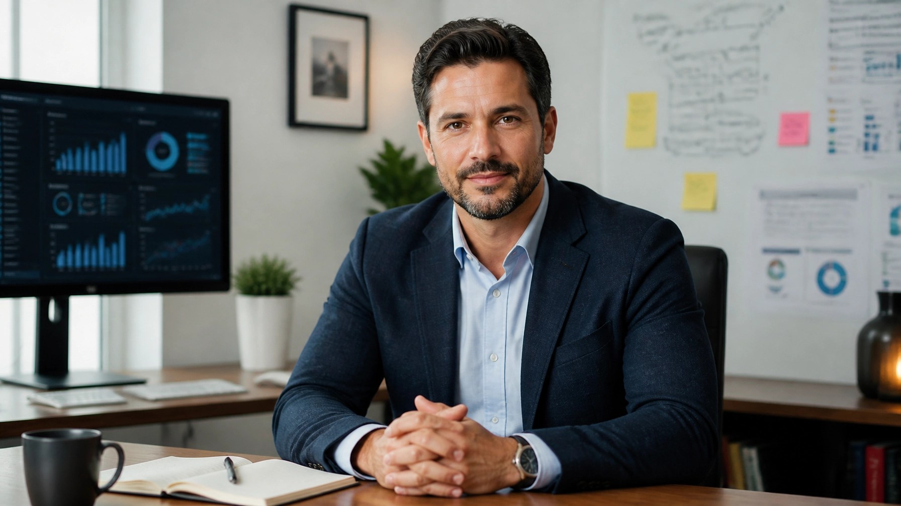 An experienced founder-level B2B sales strategist in a modern office, representing precision-led outbound strategy and executive sales leadership.