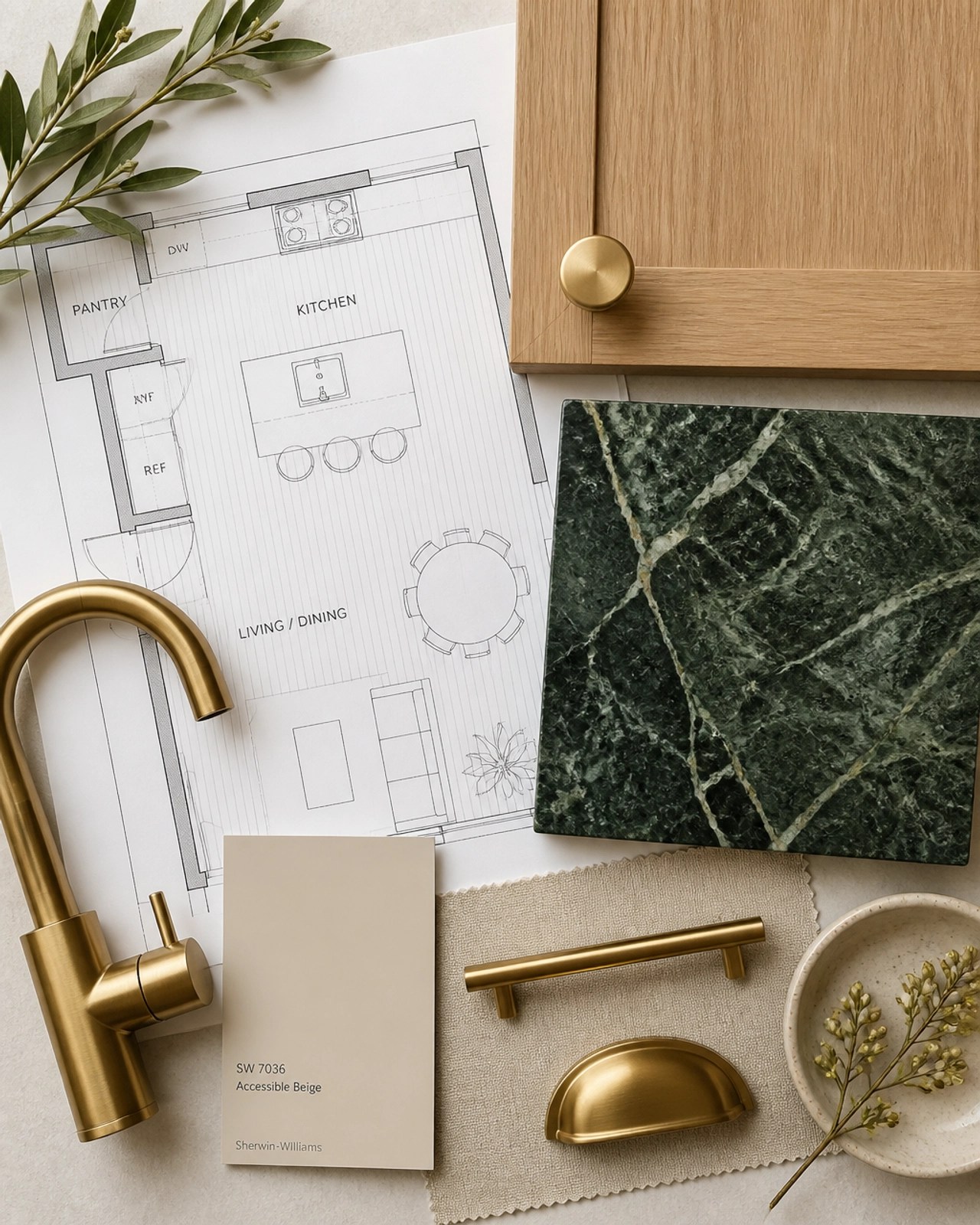 A kitchen renovation mood board showing samples of wood, marble, and brass hardware.
