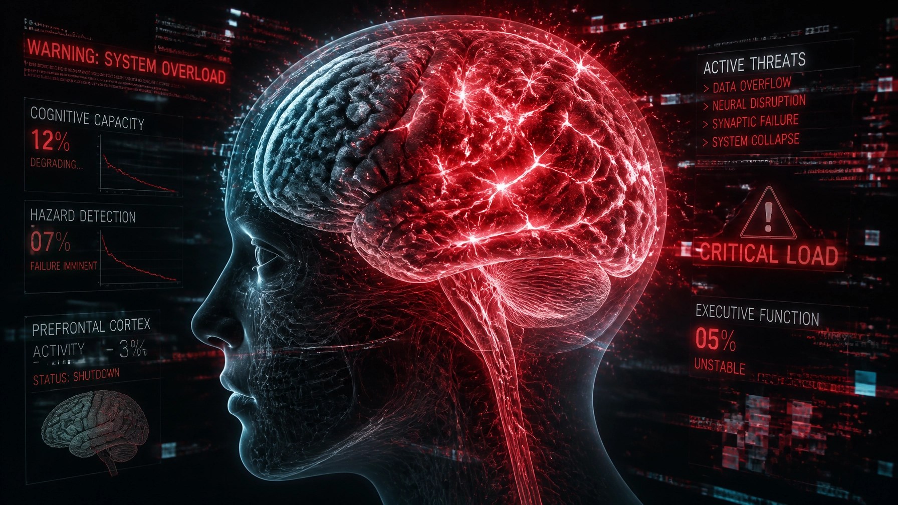 A futuristic medical visualization of a human brain where the prefrontal cortex is dimming and graying out under the weight of stress sparks.