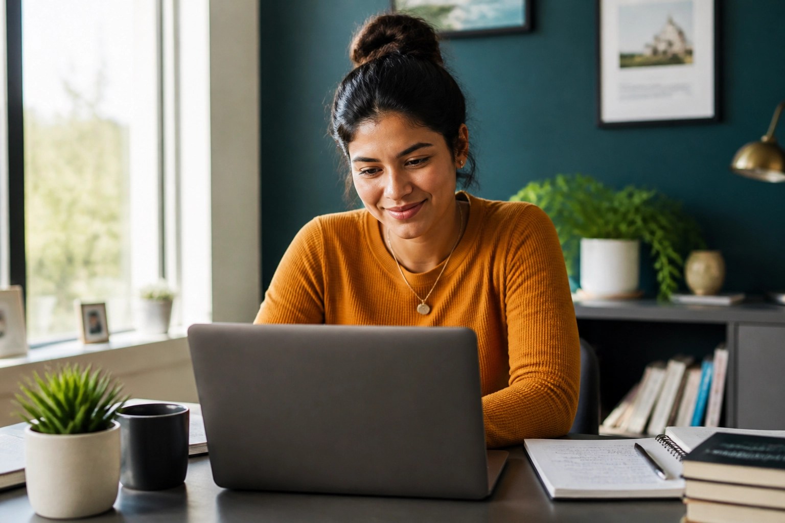 Female student completing her FAFSA status update on a laptop in a modern home office with relief.