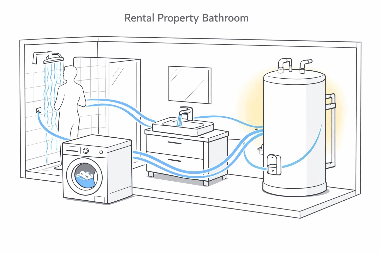 Multiple water fixtures running simultaneously showing peak hot water demand in rental property