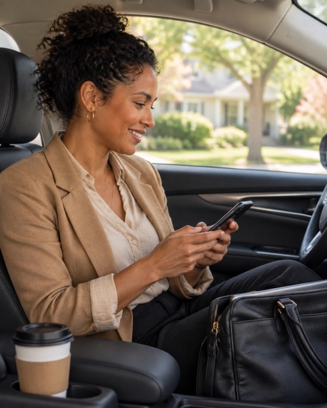 Real estate agent organizing follow-up tasks from a parked car