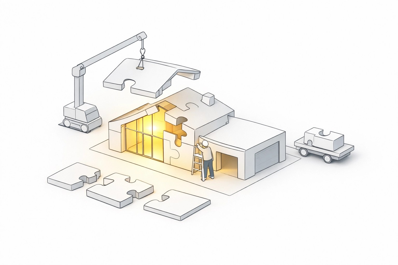 Illustration of a house being assembled to show the organized end-to-end construction process for homeowners.