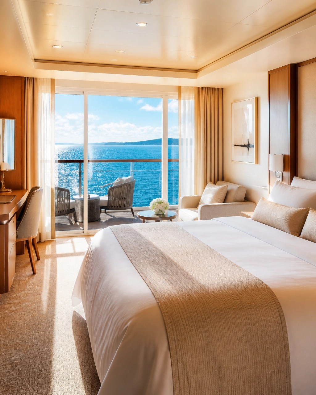 Elegant cruise balcony suite with Caribbean sea views, warm sunlight, and luxury details