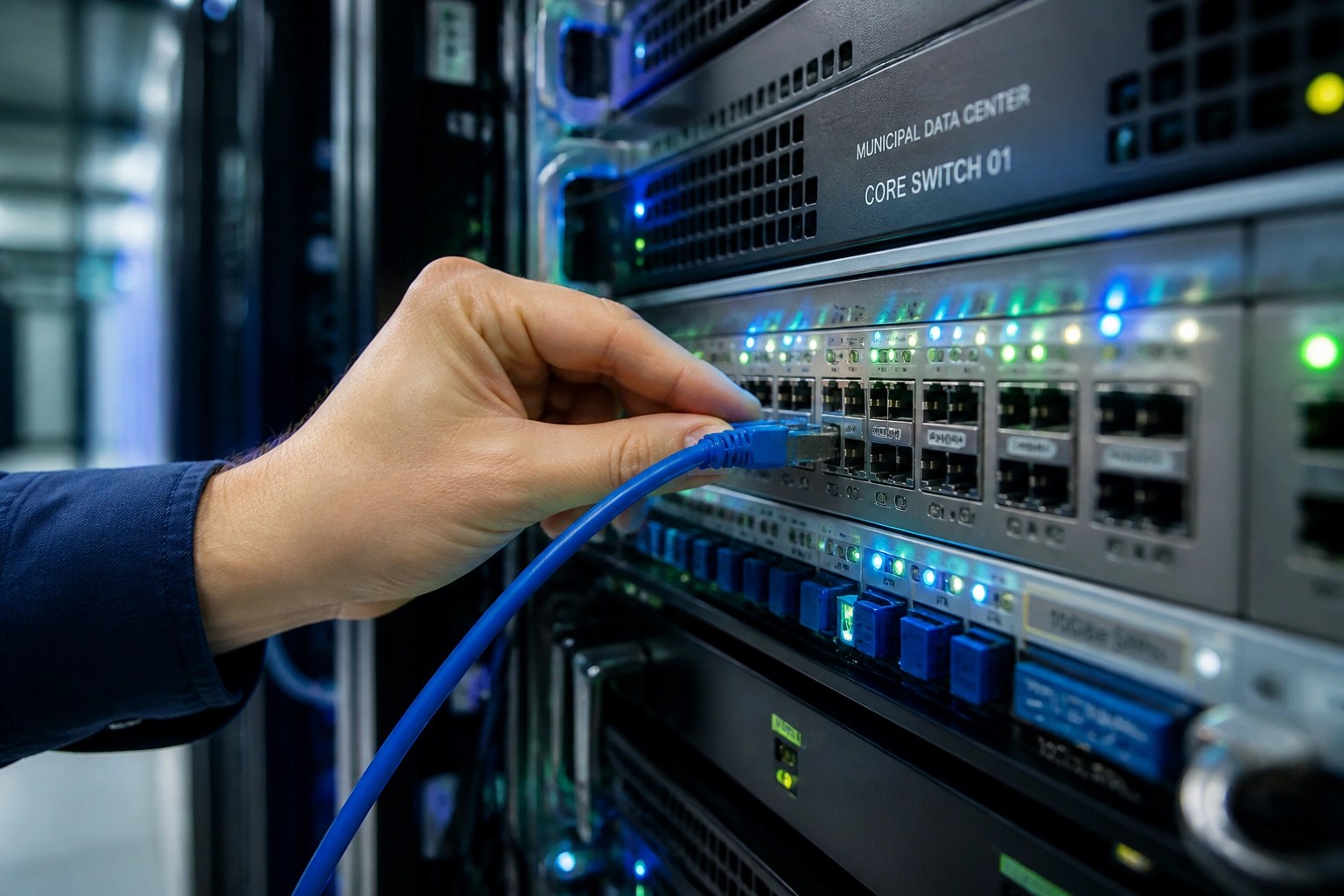 IT technician installing hardware in a Kentucky municipal data center to meet federal cybersecurity standards.