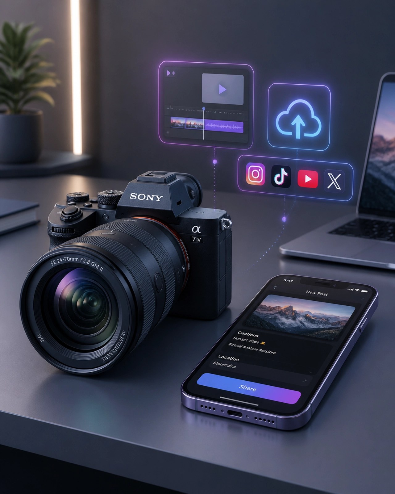 3D digital illustration of professional camera and smartphone for content creation