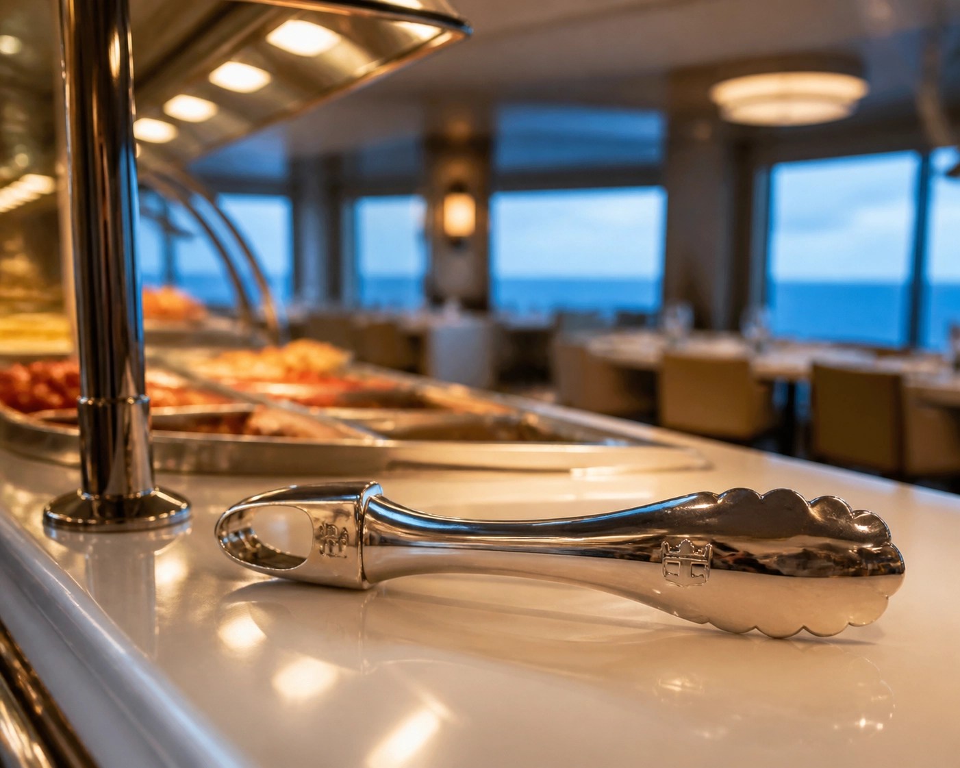 Silver buffet tongs in a cruise ship dining room, illustrating the risk of norovirus transmission at buffets.