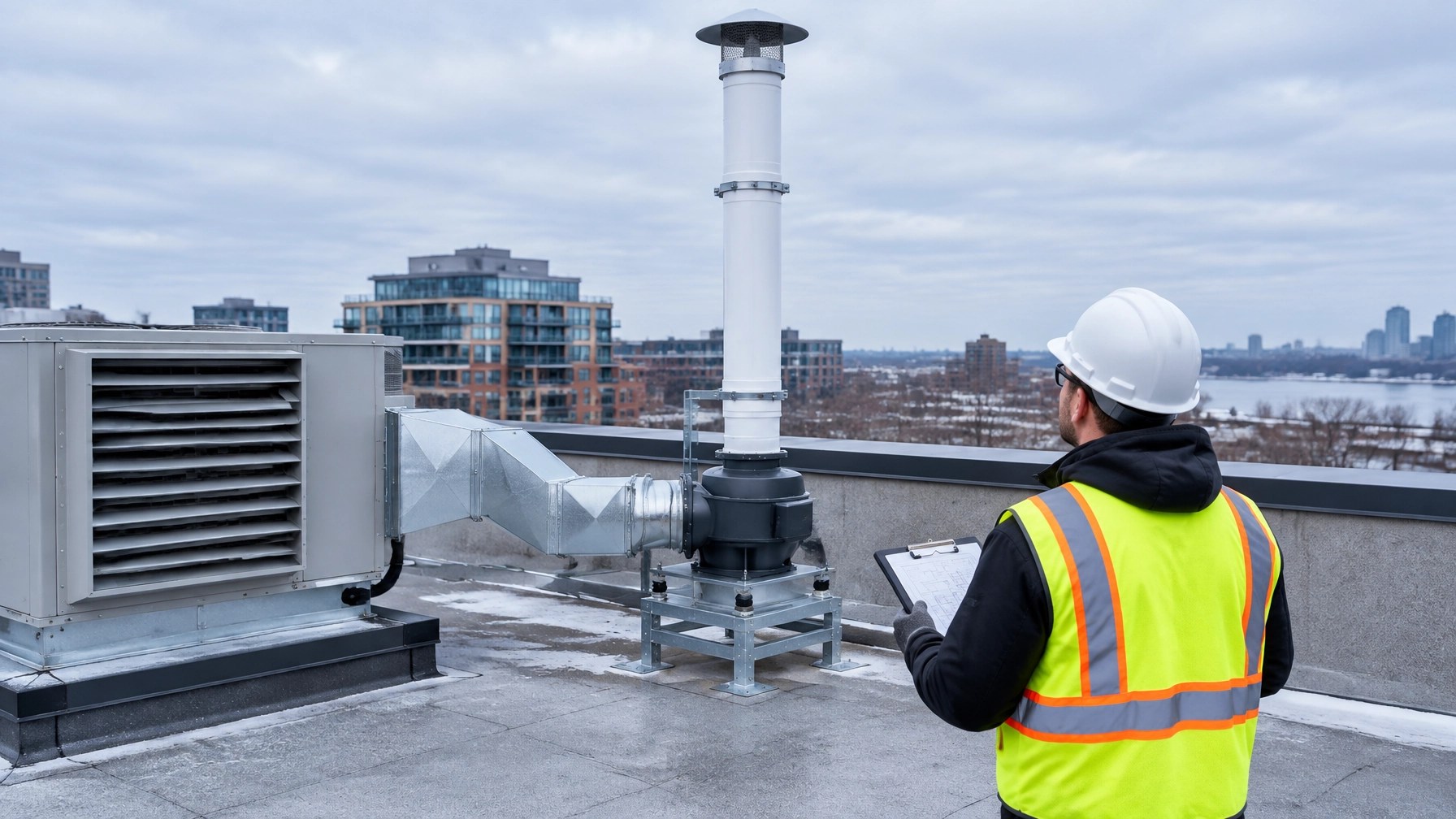 Engineer reviewing a vapor mitigation discharge fan near rooftop HVAC equipment