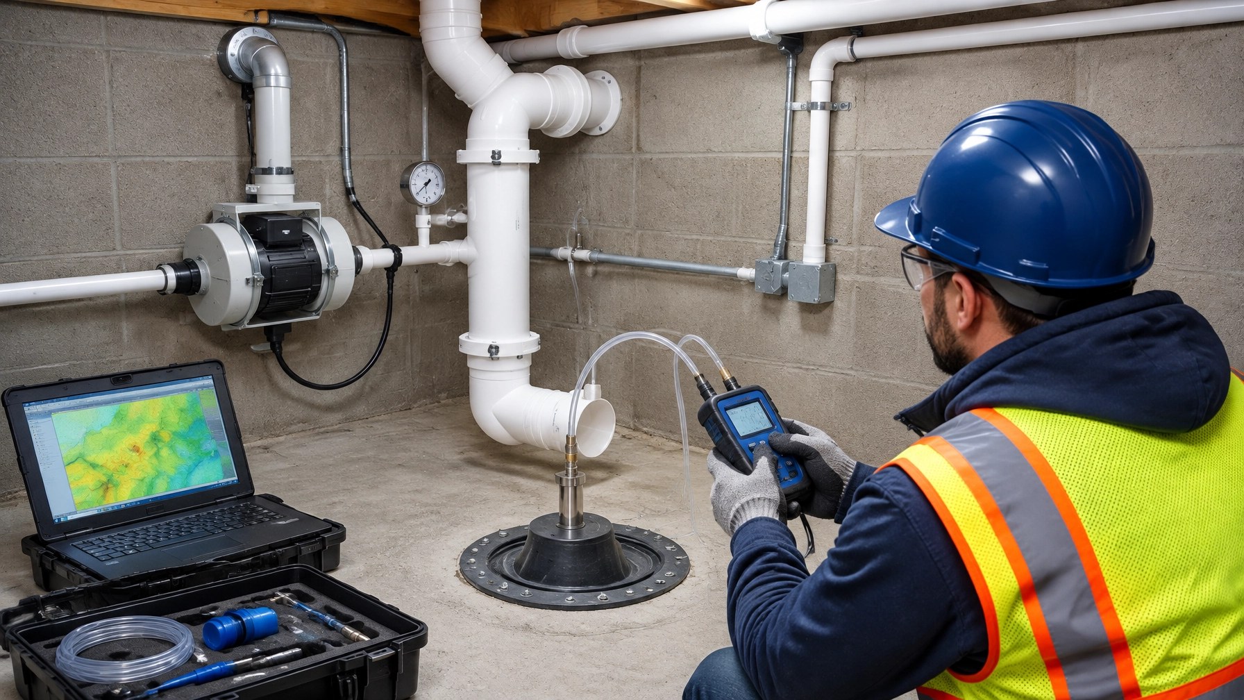 Engineer measuring sub-slab vacuum during vapor mitigation system commissioning