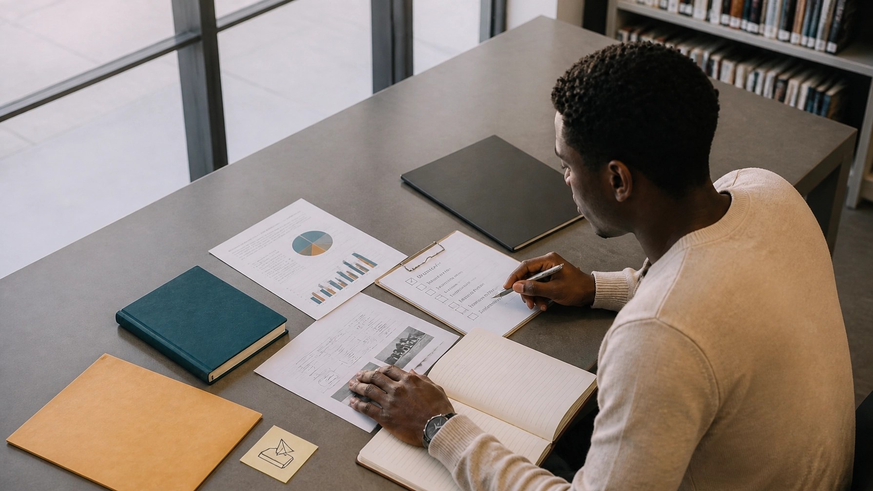A recent graduate organizes project materials and career goals at a library table using notebooks, folders, and printed papers