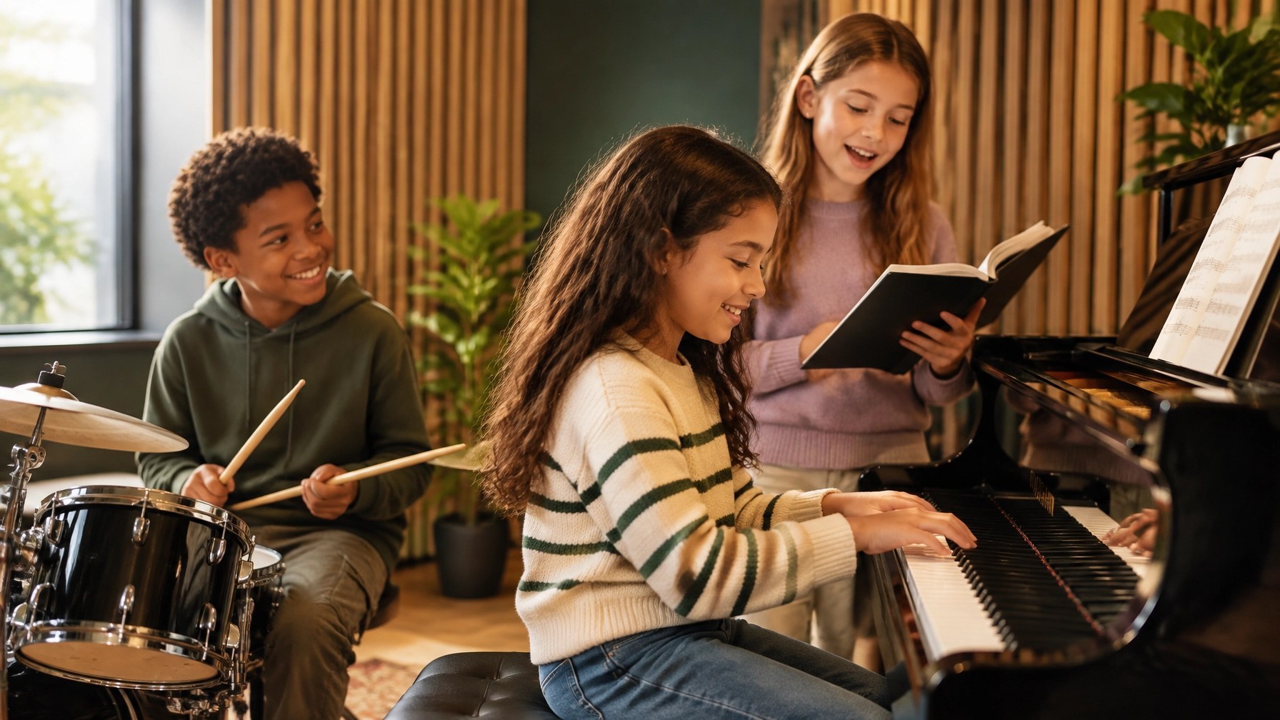 Three diverse children exploring piano, drums and singing together in a warm modern music studio