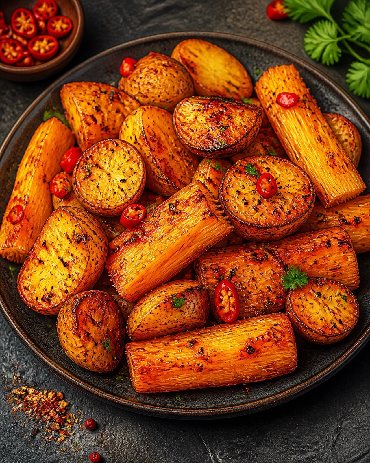Papas criollas y yuca al horno con achiote y pimienta