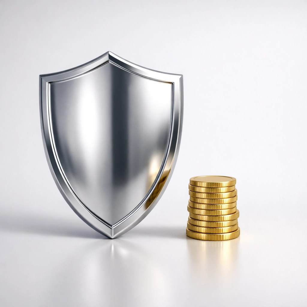 A protective shield and coins representing affordable umbrella policy asset protection for Georgians.